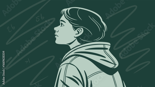 Profile of a Young Woman in a Hooded Jacket Looking Upward.