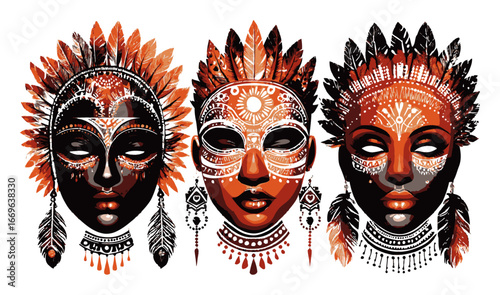 Vibrant Abstract Illustration of Three Unique Cultural Masks