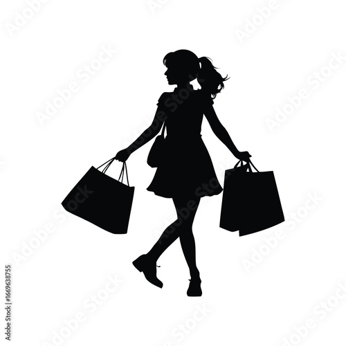 Silhouette of woman with shopping bags in a dress and ponytail hair, girl with paper shopping bags illustration silhouette