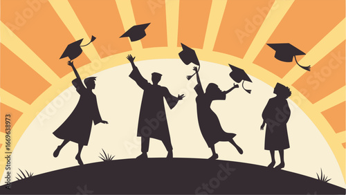 Silhouette of Graduates Celebrating with Caps in the Air at Sunset.