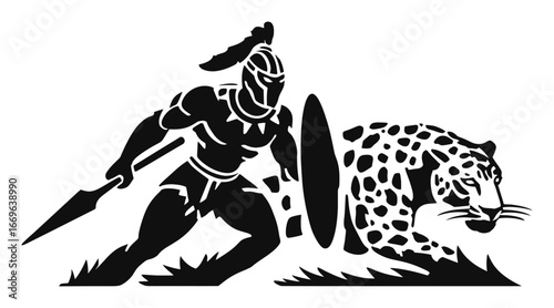 Fierce Warrior Battling a Powerful Leopard in Dynamic Action Scene