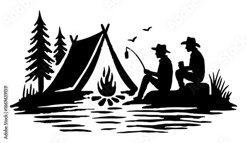 Two Campers Fishing by Tent Near Campfire in Nature Silhouette Design