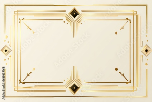 Elegant art deco frame with geometric golden accents on beige background