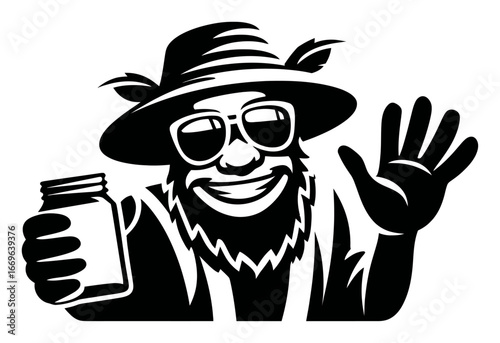 Cheerful Man in Hat and Sunglasses Holding Jar with Friendly Wave Gesture