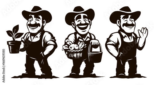 Cheerful Farmer Characters with Plants, Harvest Baskets, and Smiles