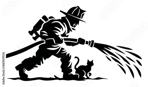 Firefighter Rescuing Cat with Hose in Dynamic Action Pose