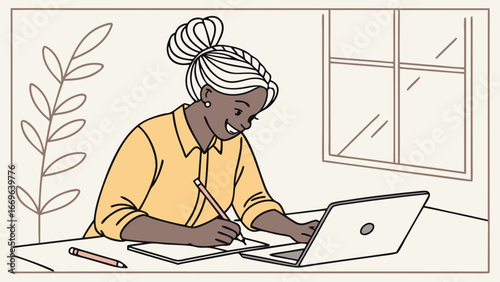 Smiling Woman Working on Laptop and Papers.
