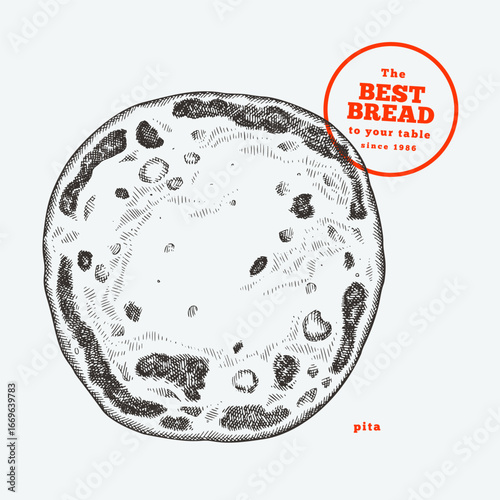Hand Drawn Vector Pita Illustration. Not AI Generated. Retro Bakery Isolated Image. Old School Bread Food