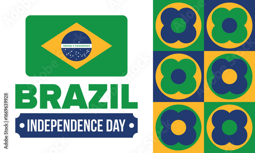 Brazil Independence Day. Happy national holiday. Freedom day. Celebrate annual in September 7. Brazil flag. Patriotic brazilian design. Poster, card, banner, template, background. Vector illustration