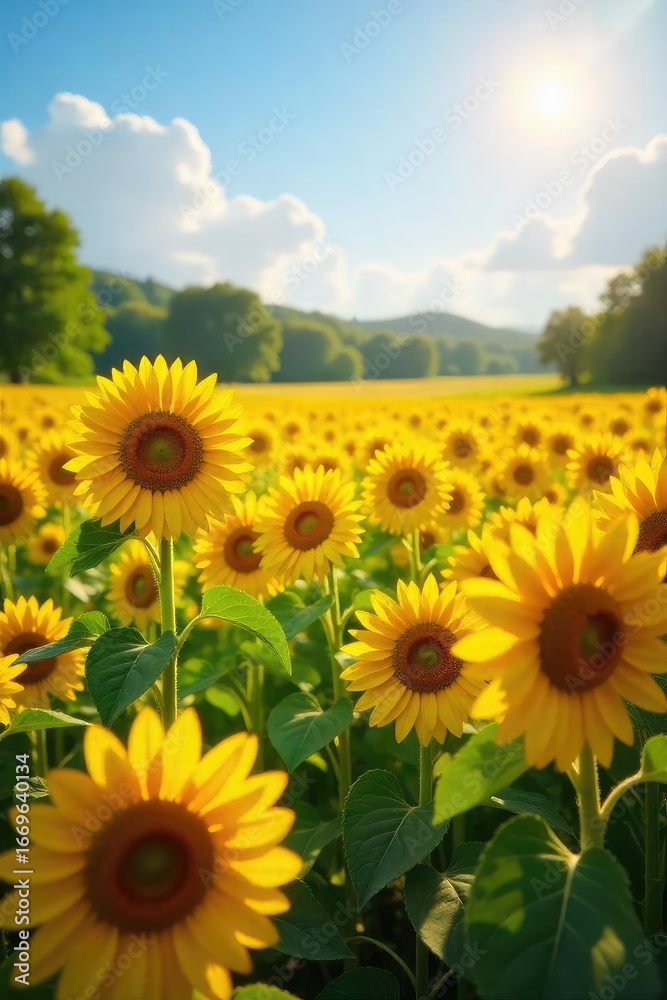 Obraz premium Serene Sunflower Field Golden Sunlight Bathes Swaying Blooms in Gentle Breeze, Creating a Peaceful Pastoral Summer Scene Ideal for Nature, Agriculture, and Rural Themed Projects