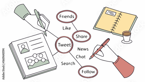 Social Media Concept Illustrated with Hands Pens and Notebooks.