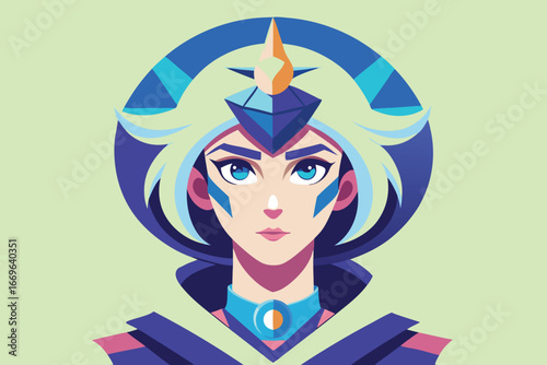 Stylized Portrait of a Person with Blue and Orange Headdress