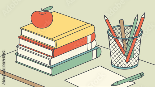 Stack of colorful books with an apple on top pencils in a wire cup and a pen.
