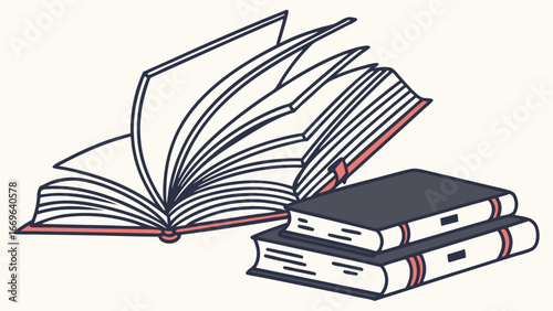 Stack of Books with Open Book Illustration Education and Knowledge Concept.