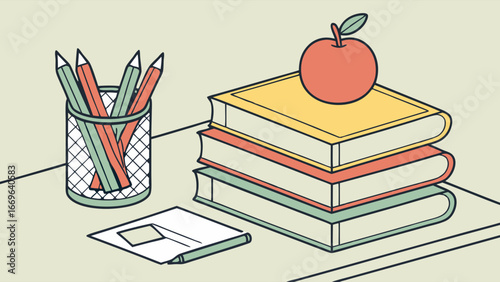 Stack of Books with Apple Pencils and Paper on Desk.