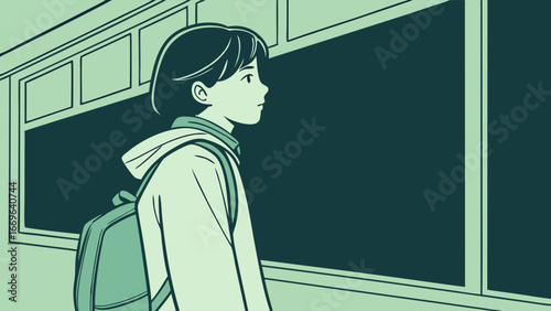 Student Gazing Out Window with Backpack in Green Tones.