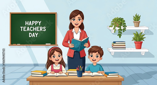Happy Teacher's Day Classroom Scene with Students and Teacher