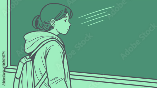Student with Backpack Looking at Chalkboard in Classroom Illustration.