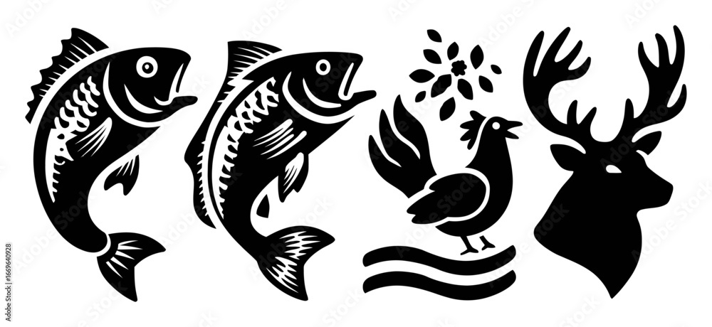 Obraz premium Silhouette Designs of Fish, Chicken, Deer and Floral Elements for Art