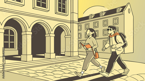 Students Walking Together Near Historic Building.