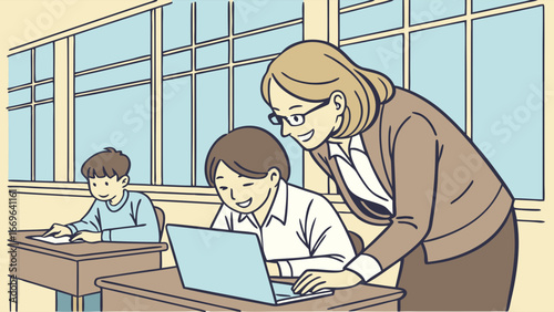 Teacher Helping Student with Laptop in Classroom.