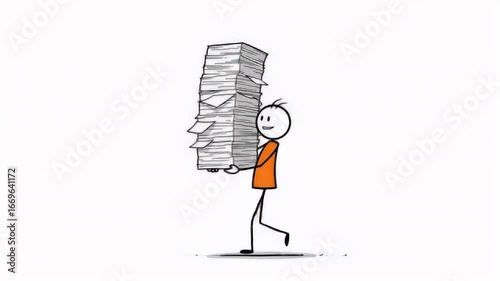 Stick figure carrying heavy stack of paper files
