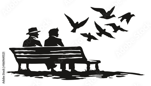Two silhouettes sitting on a bench with birds flying overhead
