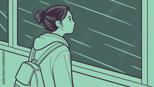 Thoughtful Girl with Backpack Gazing Out Rainy Window.