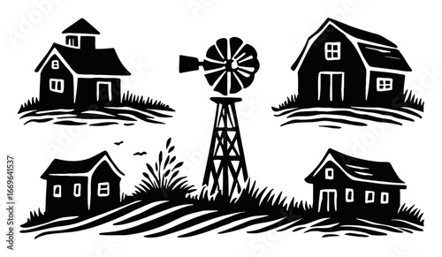 Rustic Farm Scene with Houses and Windmill Silhouette Design
