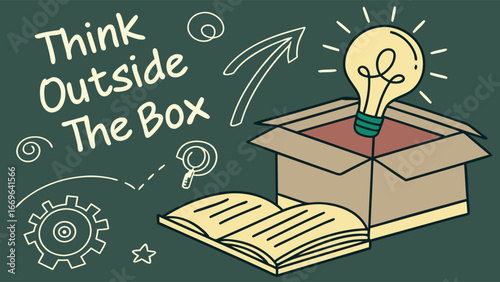 Thinking Outside the Box Open Book and Lightbulb Concept.