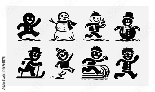 Cheerful Winter Characters Engaging in Fun Snowy Activities and Play