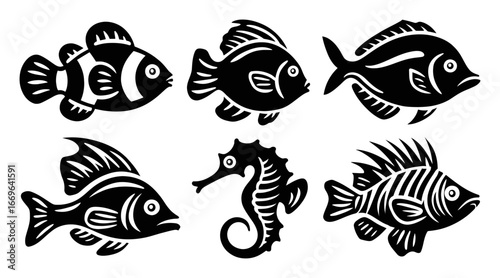 Black and White Stylized Fish Illustrations for Creative Projects