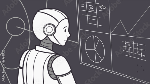 Thoughtful Robot Analyzing Data Charts.