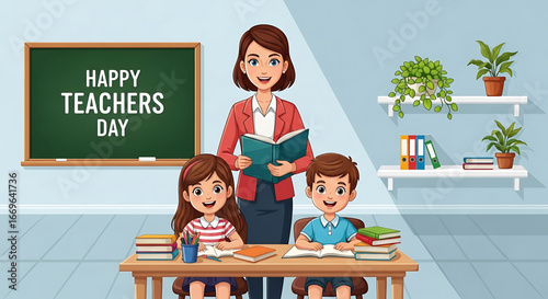 Happy Teachers Day Classroom Scene with Teacher and Students