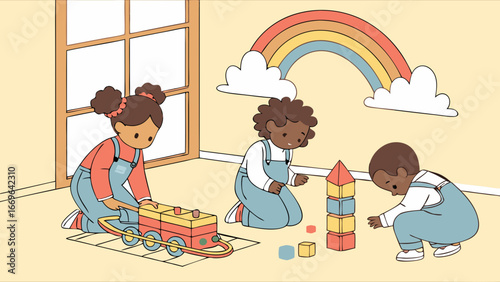 Three Preschool Children Playing with Blocks and Toy Train.