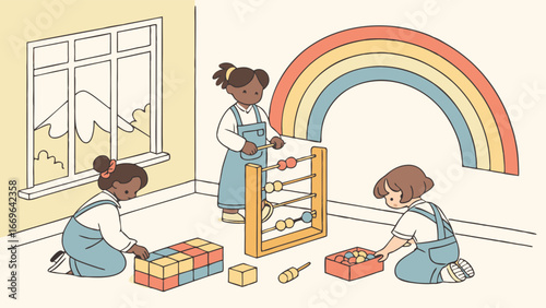 Three Young Girls Playing with Educational Toys in a Playroom.