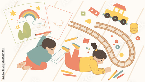 Two Children Engaged in Creative Play with Drawings and Toys.