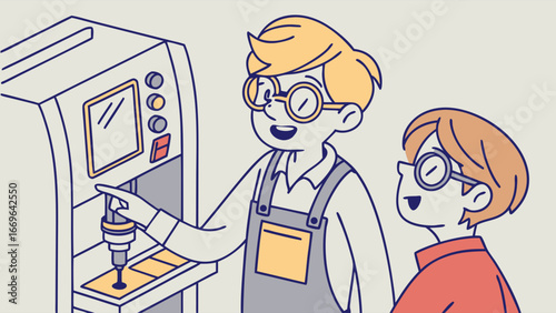 Two Children Learning to Operate a Drilling Machine.