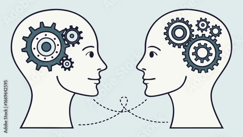 Two Heads with GearShaped Brains Communicating Ideas.