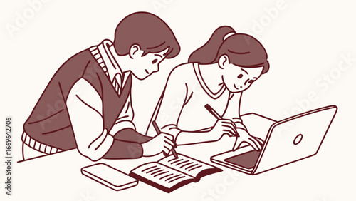 Two Students Collaborating on a Project Using Laptop and Notebook.