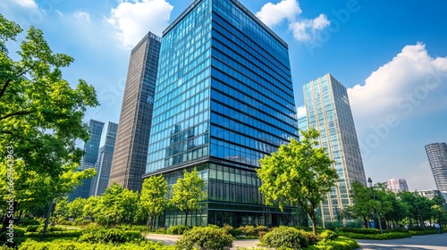 Modern skyscrapers surrounded by lush greenery