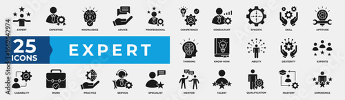 Expert Solid Icons Set Vector Illustration. Containing advice, professional, competence, expertise, knowledge, skill, mentor, talent and work icon.
