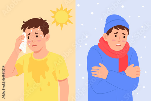 Man suffering from cold and hot weather. Sad guy feels hot and exhausted. Boy trembling feeling cold hugging herself. Winter and summer season problem. Vector illustration