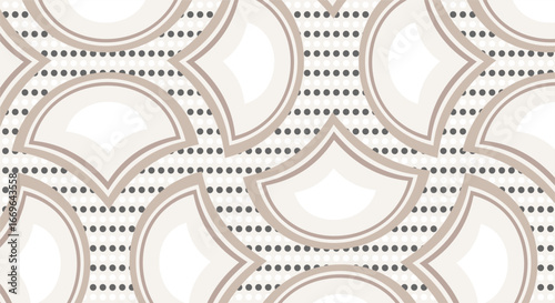 A semicircular pattern in a combination of white, cream, and green against a modern abstract white and gray dotted background. A repeating print with retro elegance. A vintage design for fabric.