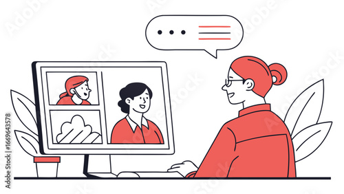 Woman in Video Conference Call with Computer and Speech Bubble.