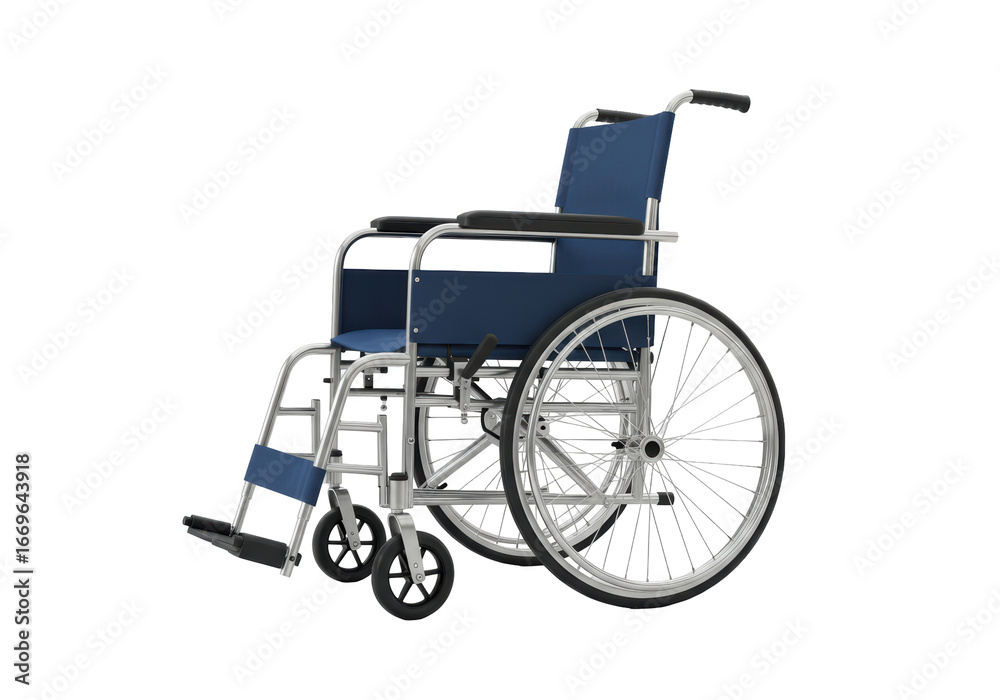 Fototapeta premium Isolated blue wheelchair with silver frame for hospitals and personal care needs, medical support