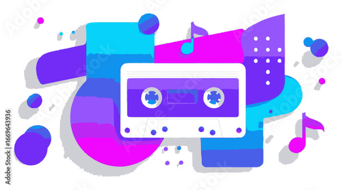 Colorful Retro Cassette Tape with Abstract Shapes and Music Notes