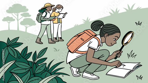 Young Girl Scientist Studying Nature with Magnifying Glass.