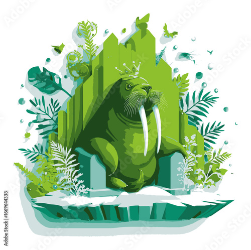 Green Walrus Illustration Surrounded by Nature and Decorative Elements