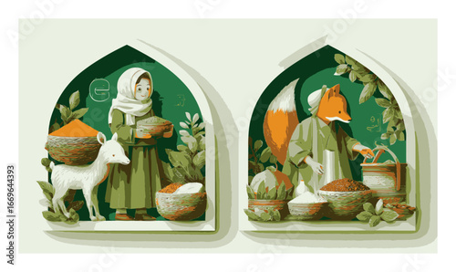 Colorful Papercut Illustration of Characters with Nature Elements